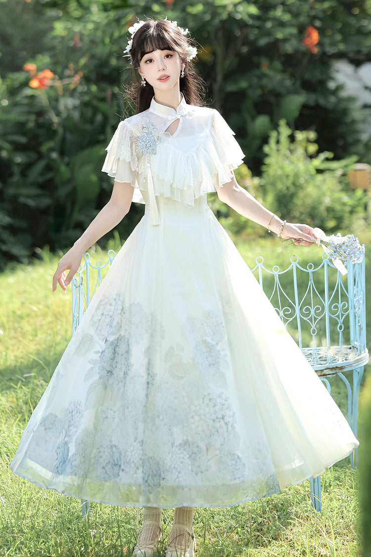 Robe Lolita élégante de style chinois doux avec manches courtes imprimées, volants en dentelle et message d'hortensia blanc 