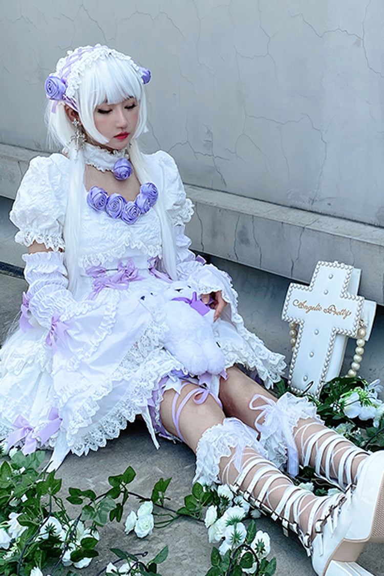 White/Purple Puff Short Sleeves Princess Gothic Lolita Tiered Dress