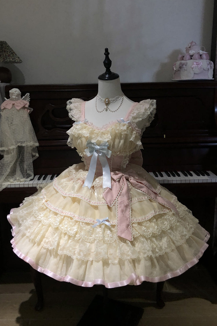 Yellow [Cream Puff Mille-Feuille] Sleeveless Multi-Layered Bow Lace Sweet Lolita Jsk Dress