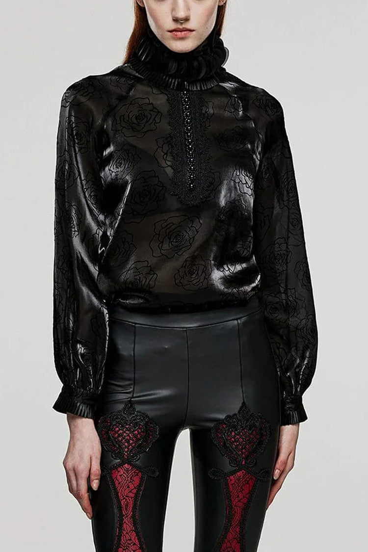 Schwarze Gothic-Bluse mit Stehkragen, langen Laternenärmeln, Rosendruck und Hakenknopf für Damen