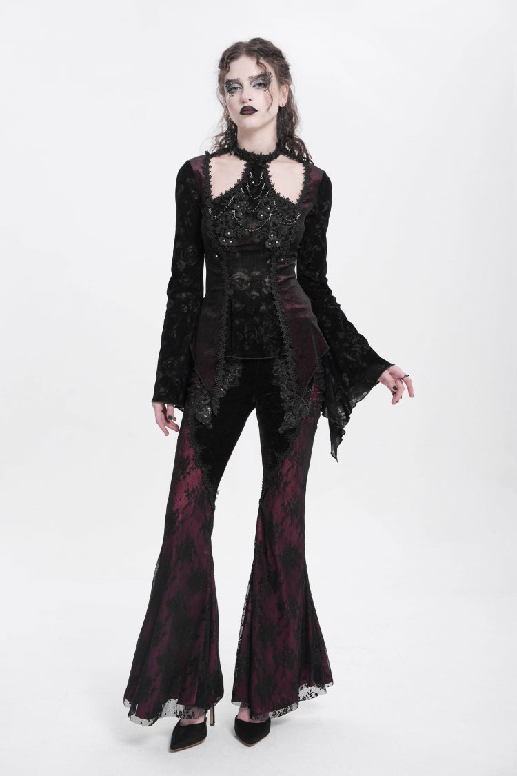 Red Long Trumpet Sleeves Jacquard Cutout Women's Gothic Blouse