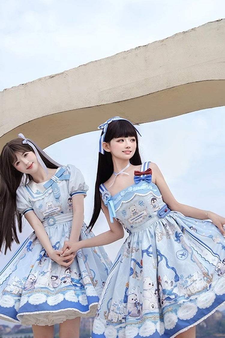 Blue [Penguin Navy] Print Ruffle Bowknot Sweet Princess Lolita Jsk Dress