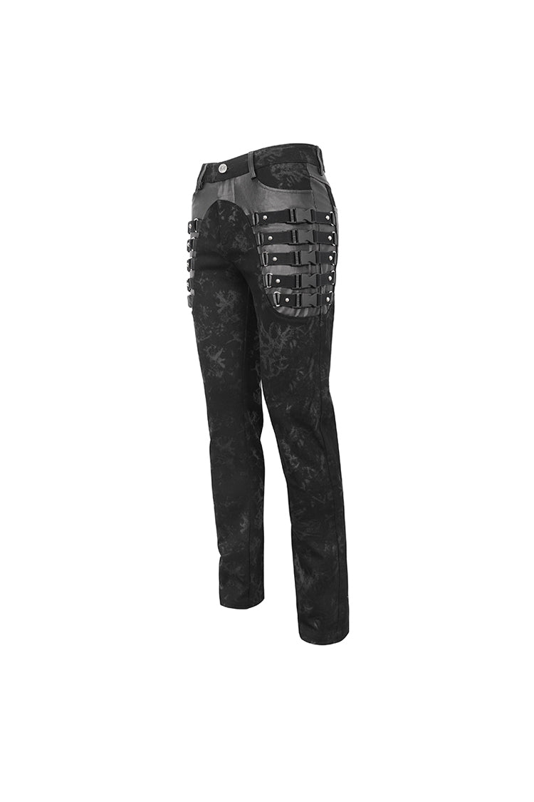 Black Multi Buckle Distressed  Print Men's Punk Pants