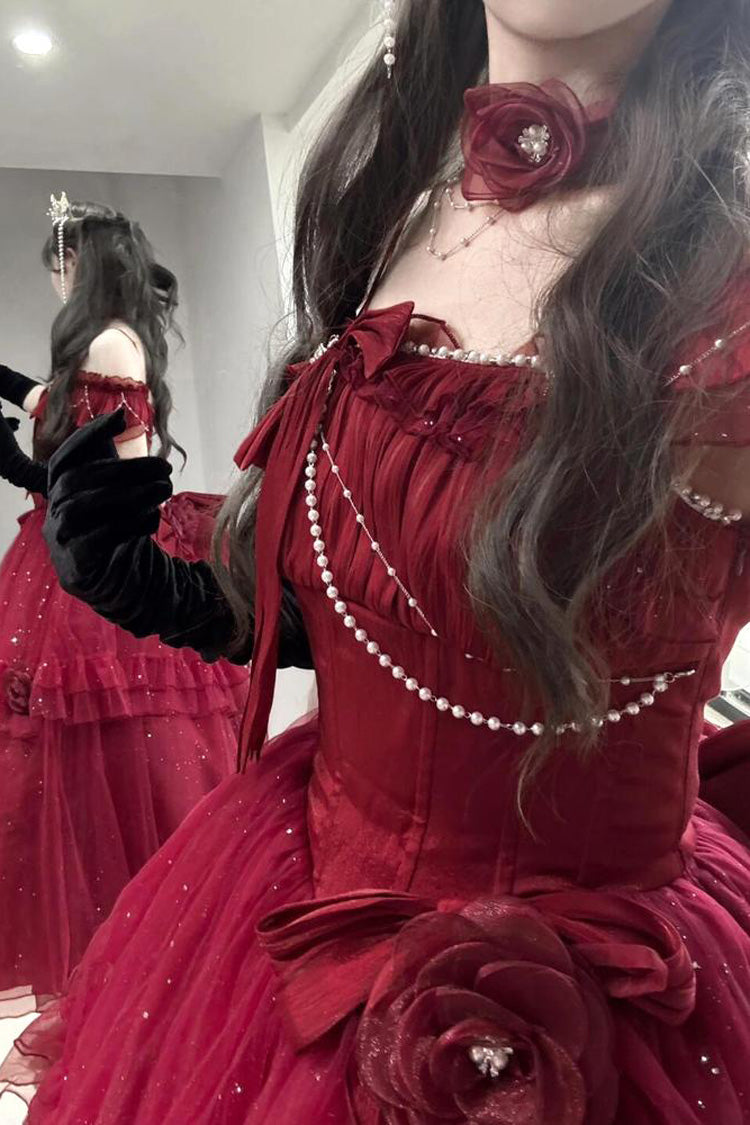 Red [Bright Stars] Off Shoulder Ruffle Bowknot Asymmetric Sweet Elegant Princess Lolita Dress