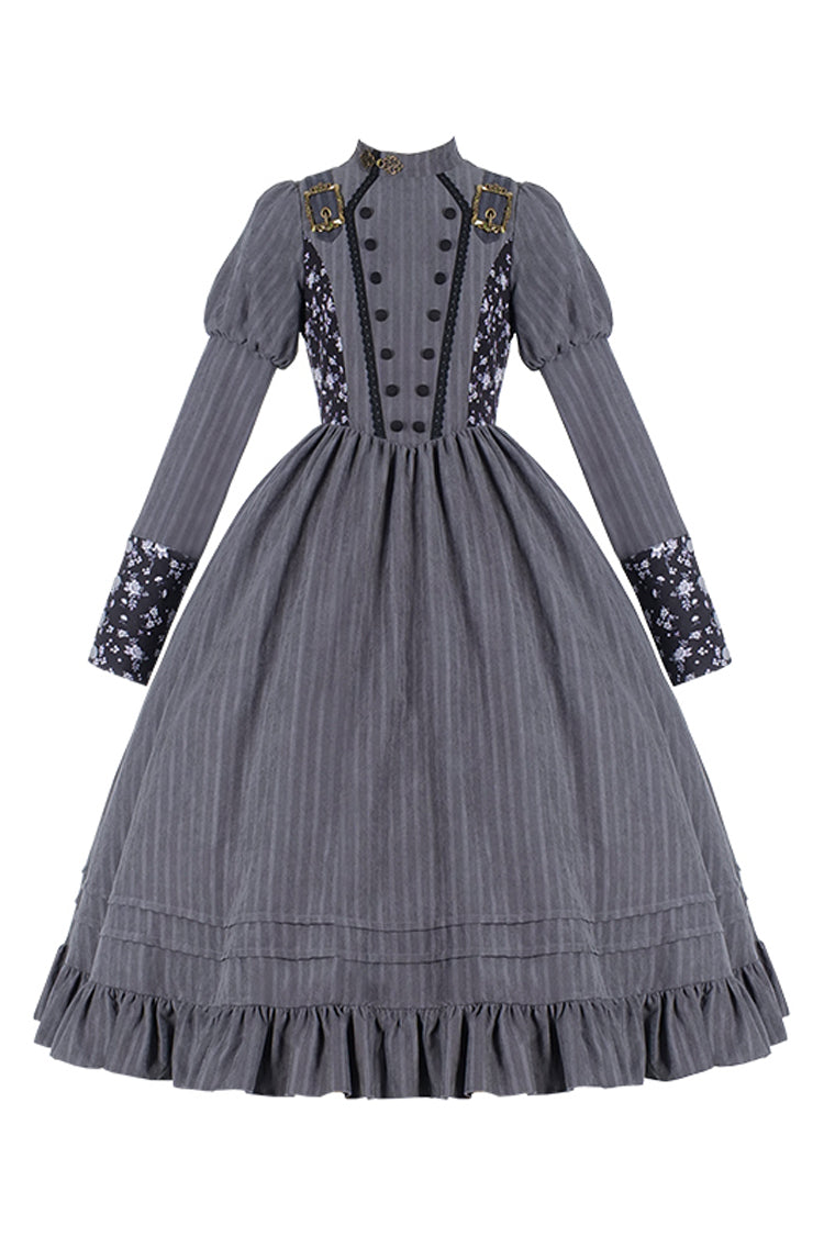 Gray Stripes Print Long Sleeves Classic Lolita Dress