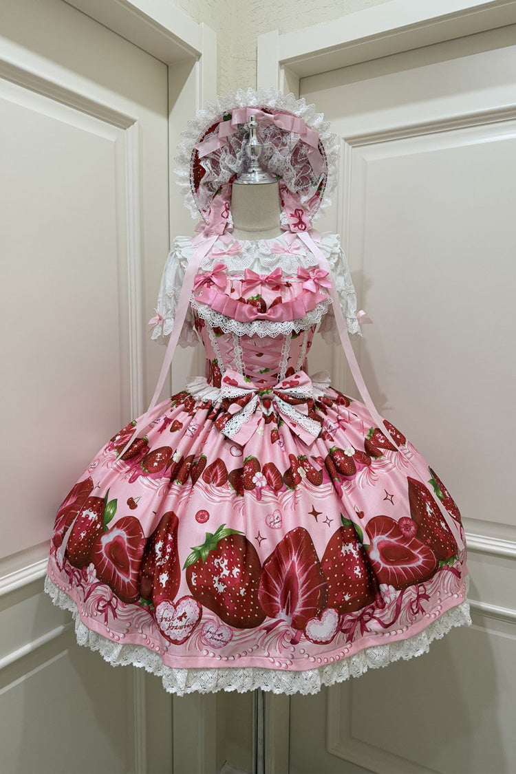 [Süße Beeren Geschichte] Erdbeerprint Rüschen Schleife Spitze Süßes Lolita Jsk Kleid 4 Farben 