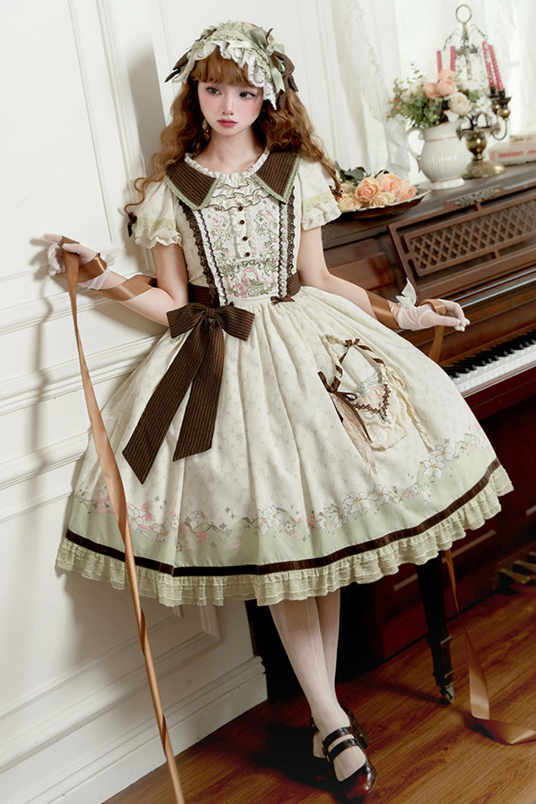 Robe Lolita Douce Élégante Verte/Ivoire [Lily] à Manches Courtes avec Imprimé, Volants, Broderie, Nœud Papillon et Dentelle 
