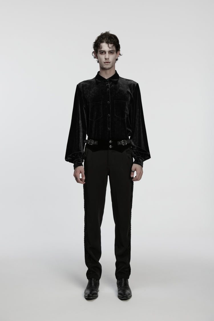 Pantalon gothique pour hommes en dentelle brodée noire avec boucle