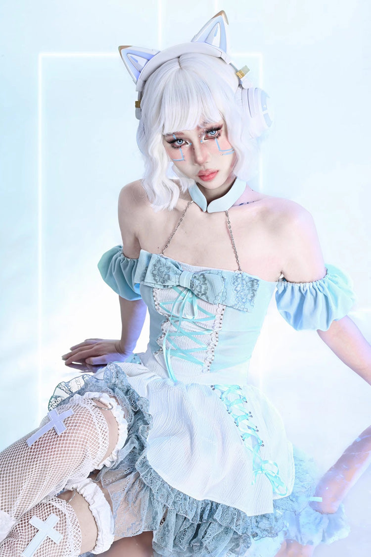 White [Virtual Idol] Ruffle Lace Lace-Up Sweet Lolita Skirt