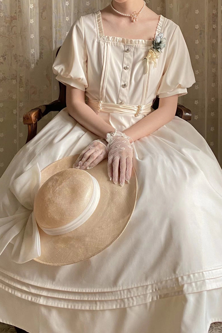 Apricot [Random Thoughts] Square Collar Short Sleeves Ruffle Classic Vintage Elegant Lolita Dress