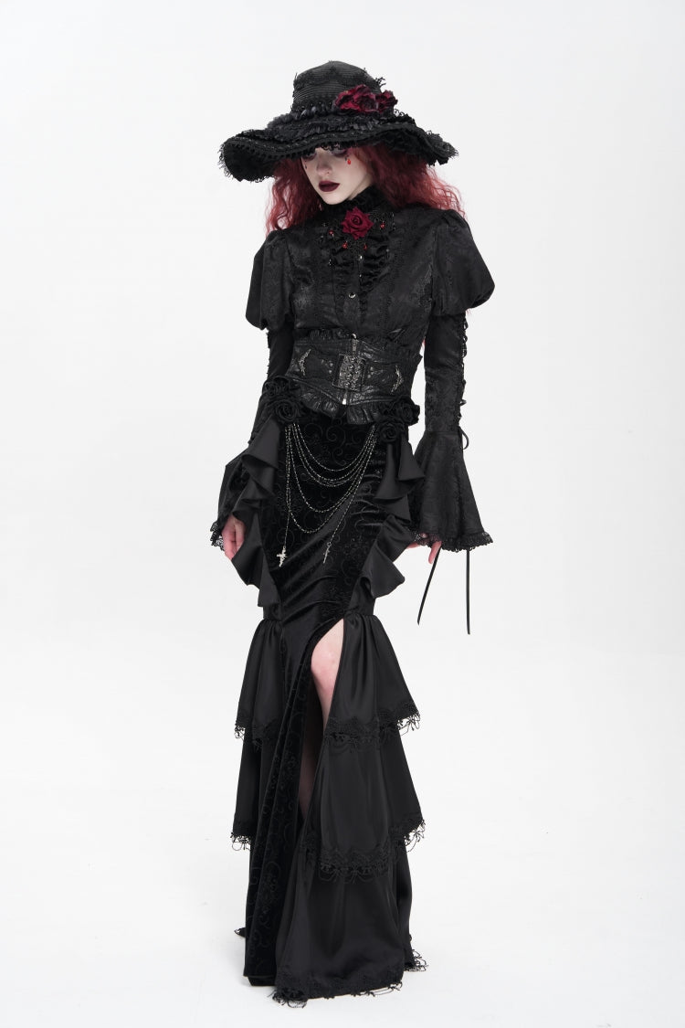 Black Floral Print Lace-Up Rose Chain Women's Gothic Fishtail Skirt