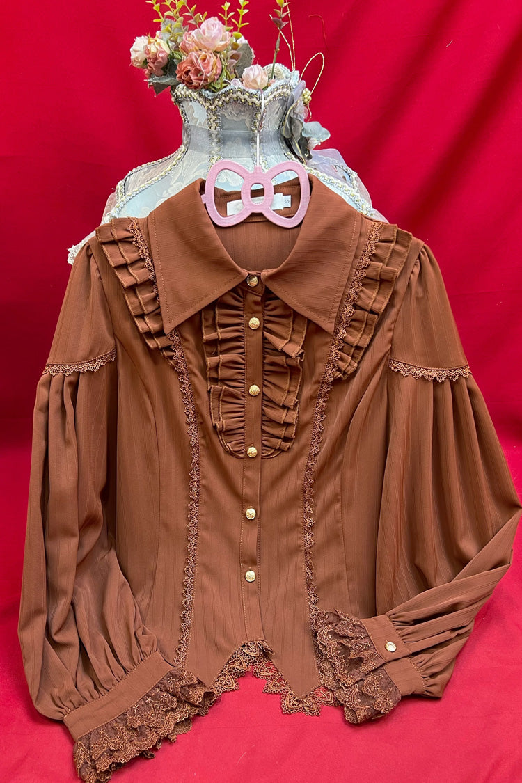 [Späte Nacht] Reverskragen Langarm Rüschen Spitze Schlanke Süße Lolita Bluse 6 Farben 