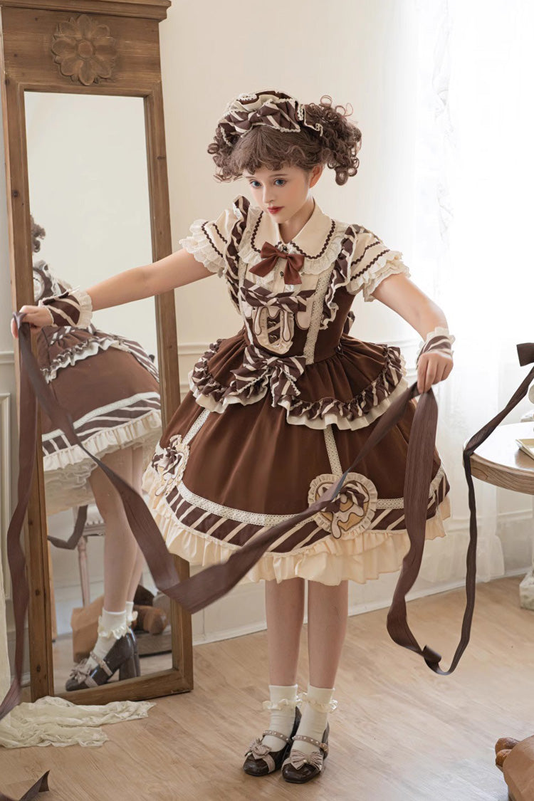 Brown Short Sleeves Print Ruffle Bowknot Sweet Princess Lolita Jsk Dress Set