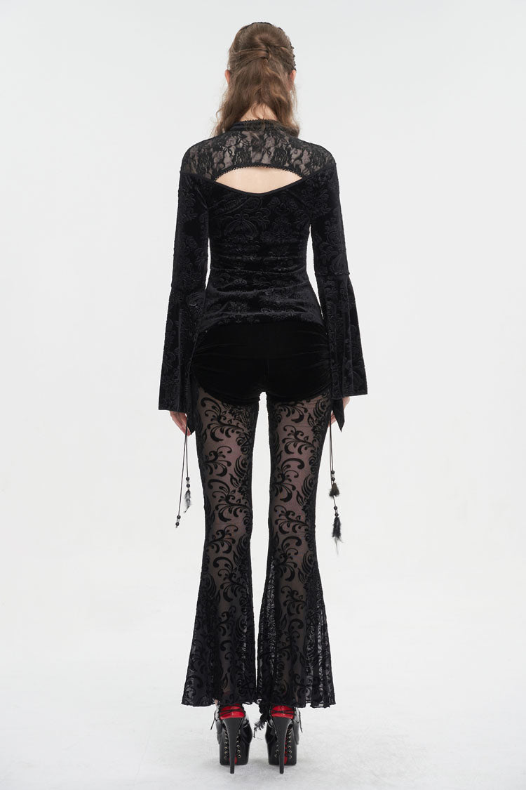 Black Lace Cutout Round Collar Flared Sleeved Floral Embossed Women's Gothic Shirt