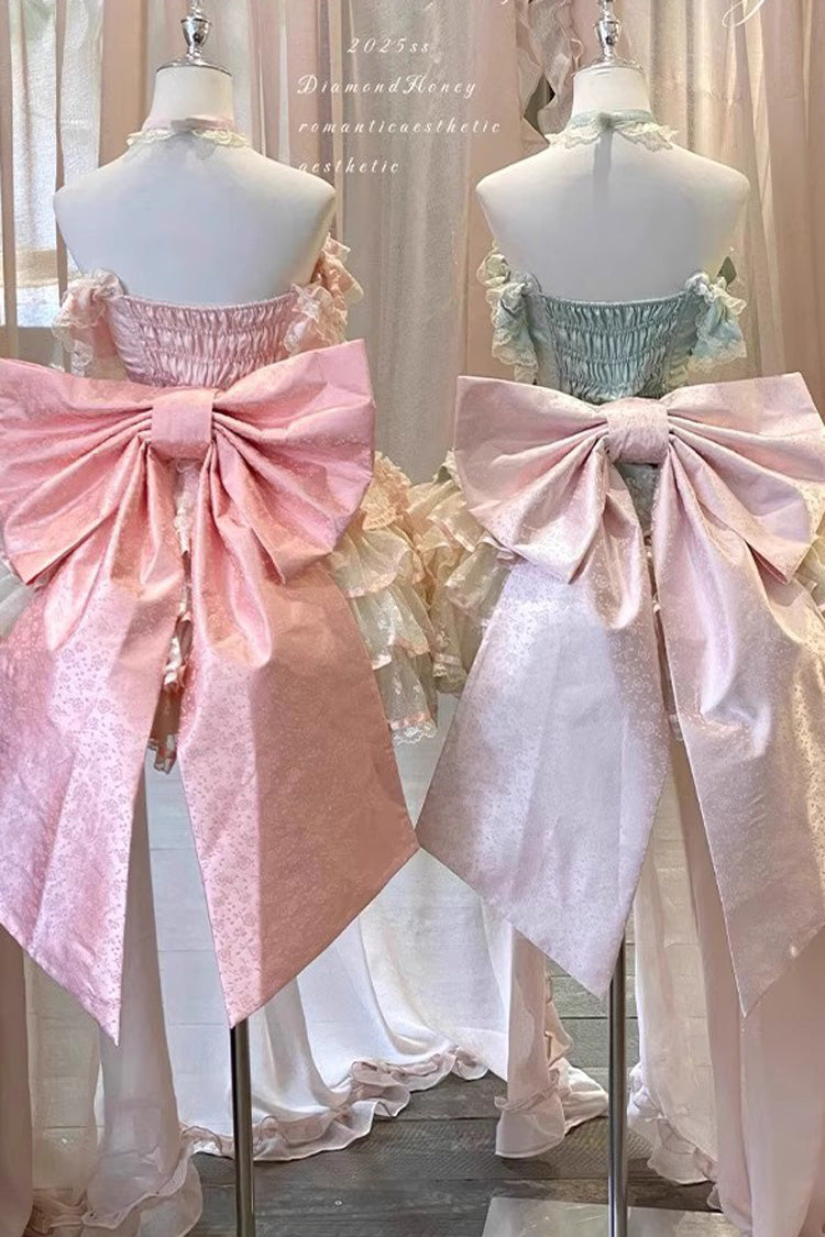 Pink [Flower Language of Eros] Halterneck Multi-Layered Ruffle Bowknot Rose Lace Lace-Up Sweet Ballet Lolita Jsk Dress