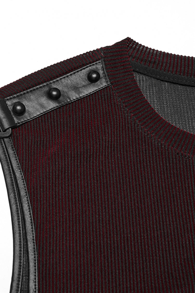 Gilet Punk pour Homme en Maille Transparente à Col Rond Noir/Rouge avec Rivets et Agencement de Couleurs 