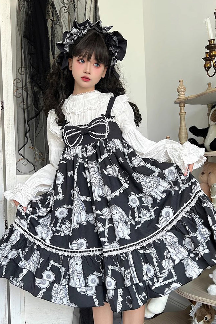 Black Wolf Detective Print Ruffle Bowknot Sweet Lolita Jsk Dress