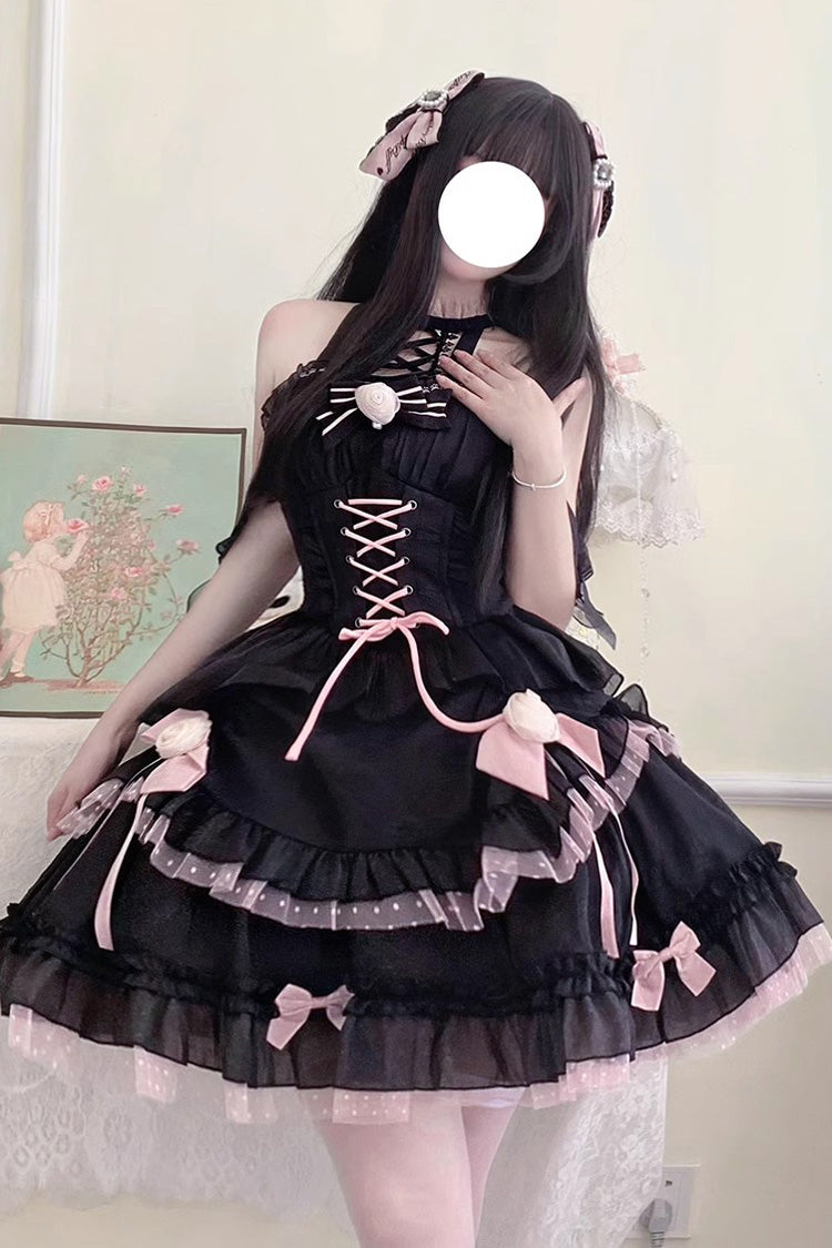 Black/Pink Lace Up Multi-layer Ruffle Cardigan Bowknot Gothic Lolita Jsk Dress