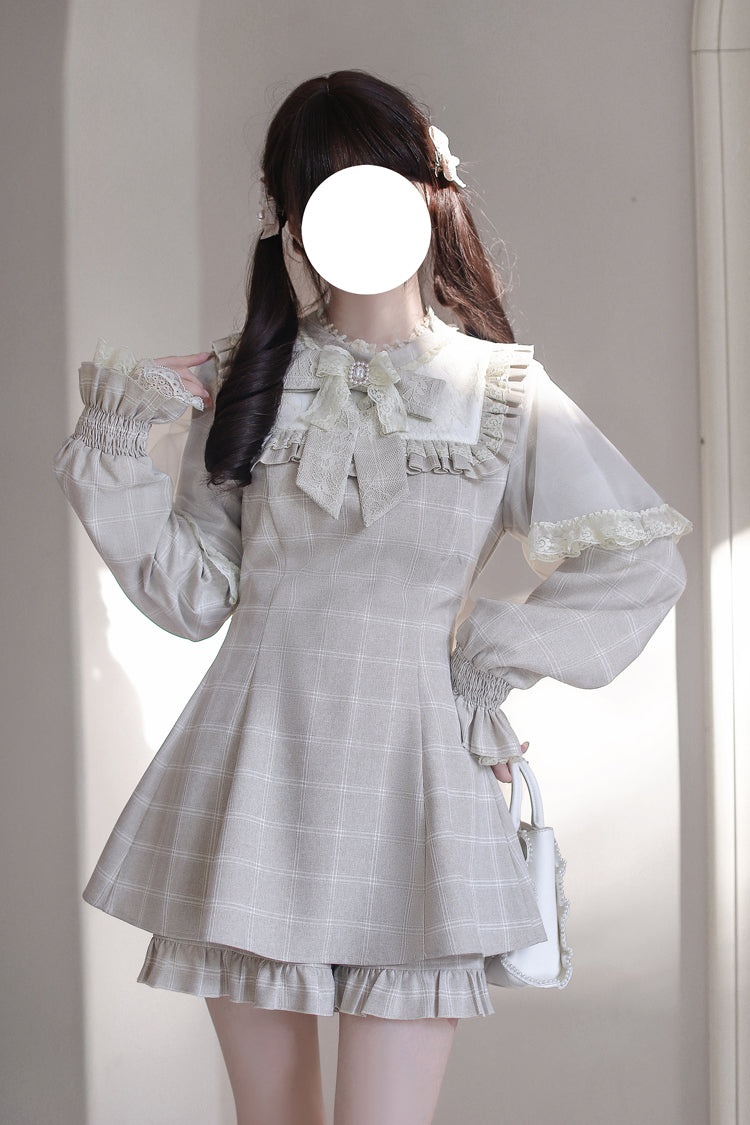 Light Brown [Cocoa Brownie] Long Sleeves Plaid Print Ruffle Bowknot Jirai Kei Japanese Dress