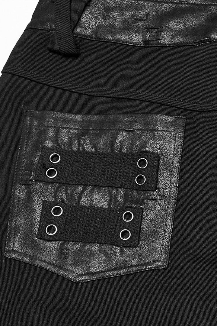 Black Pleated Faux Leather Stitching Men's Punk Straight Pants