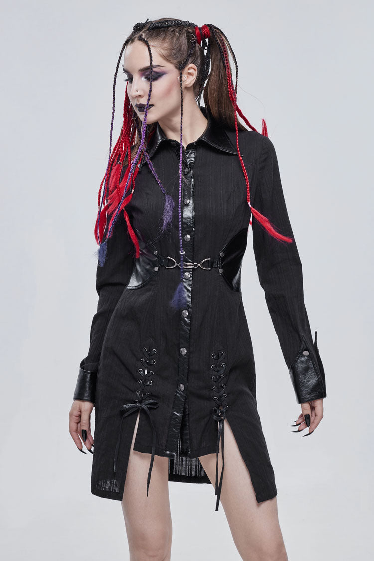 Black Vertical Suture Texture Leather Metal Buckle Design Decoration Long Women's Punk Shirt