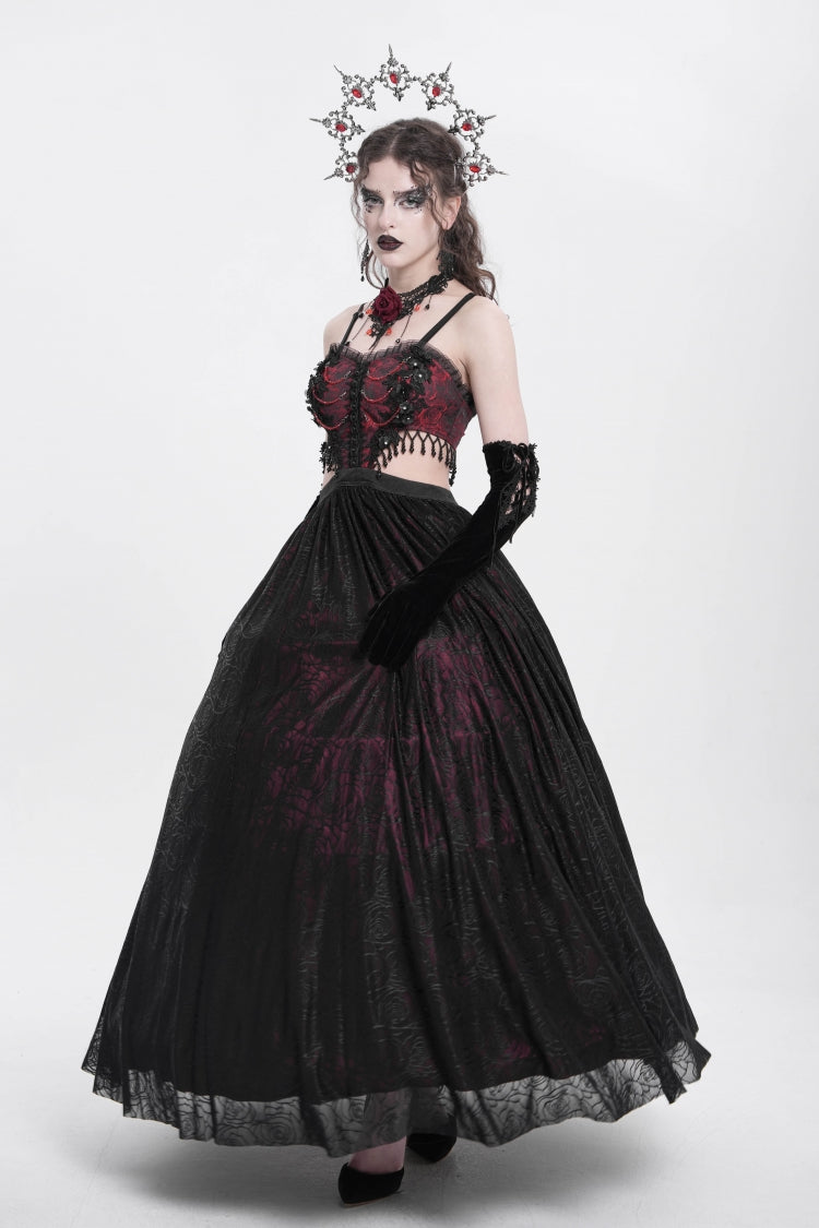 Rotes Jacquard-Kleid mit Blumenstickerei, zerrissene Gothic-Party-Unterkleid für Damen 