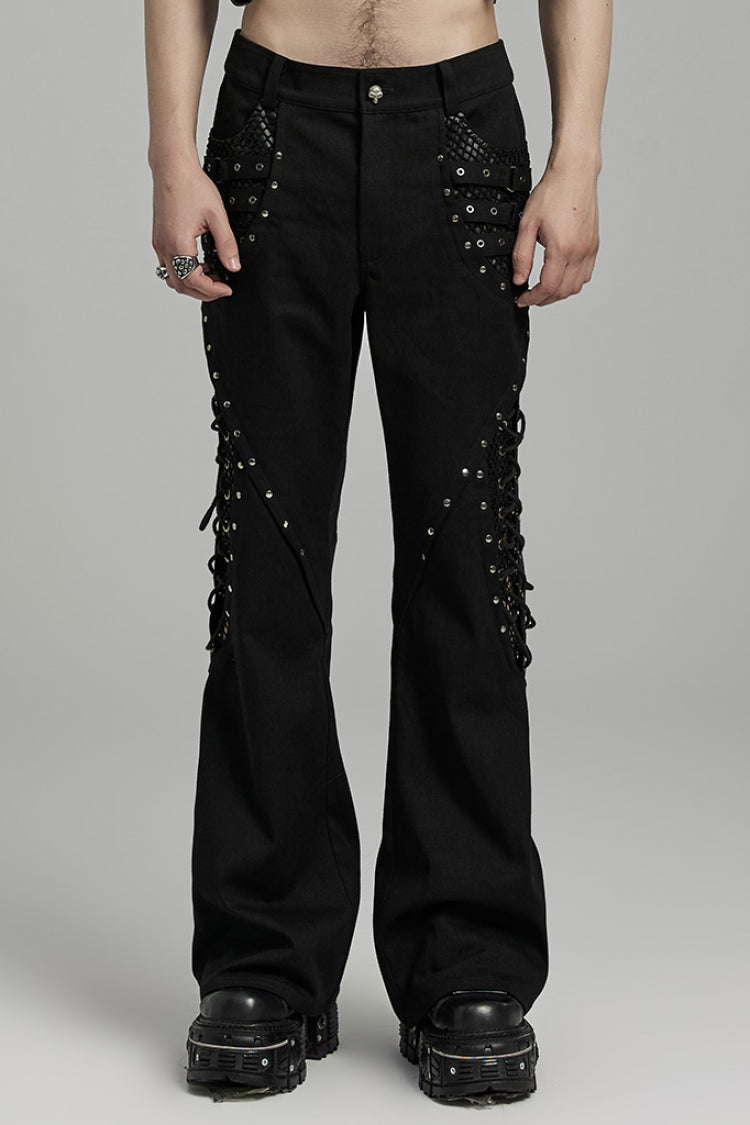 Black Stitching Lace-Up Mesh Men's Gothic Flared Pants