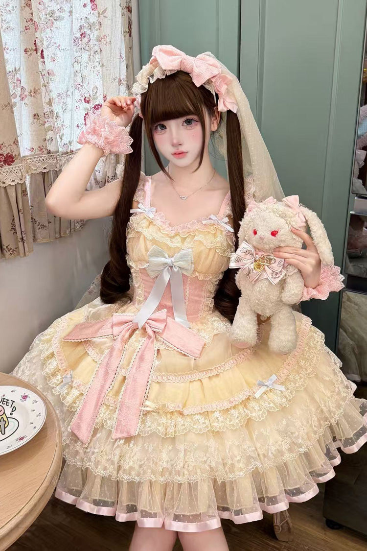 Gelb/Rosa [Cremefarbenes Mille-Feuille] Süßes Balletcore-Lolita-JSK-Kleid mit mehrlagigem, gerüschtem Bogen und Spitze mit quadratischem Kragen