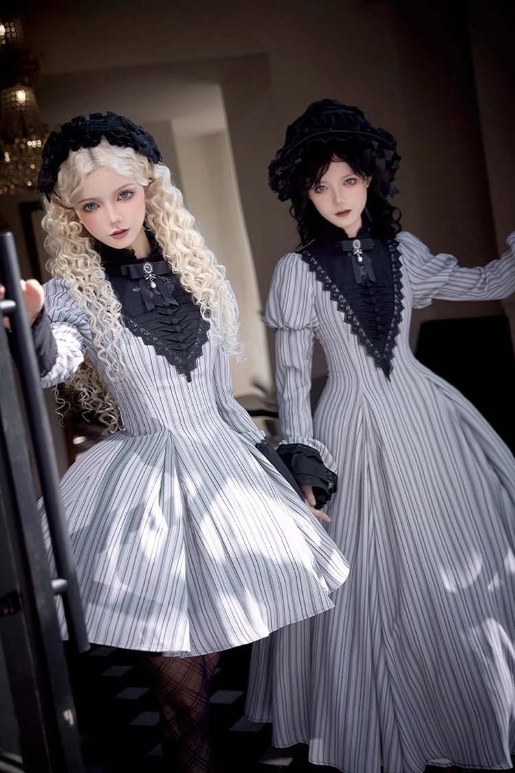Light Grey [Nocturne] Vertical Stripes Print Ruffle Bowknot Lace Gothic Lolita Dress 2 Versions