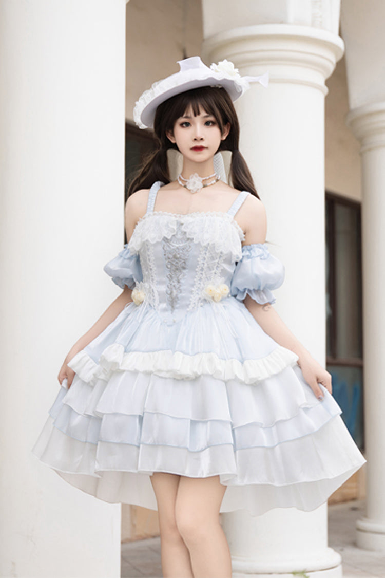 Light Blue [Rose Of The Night Sea And Starry Sky] Off Shoulder Multi-Layered Ruffle Embroidery Sweet Lolita Dress
