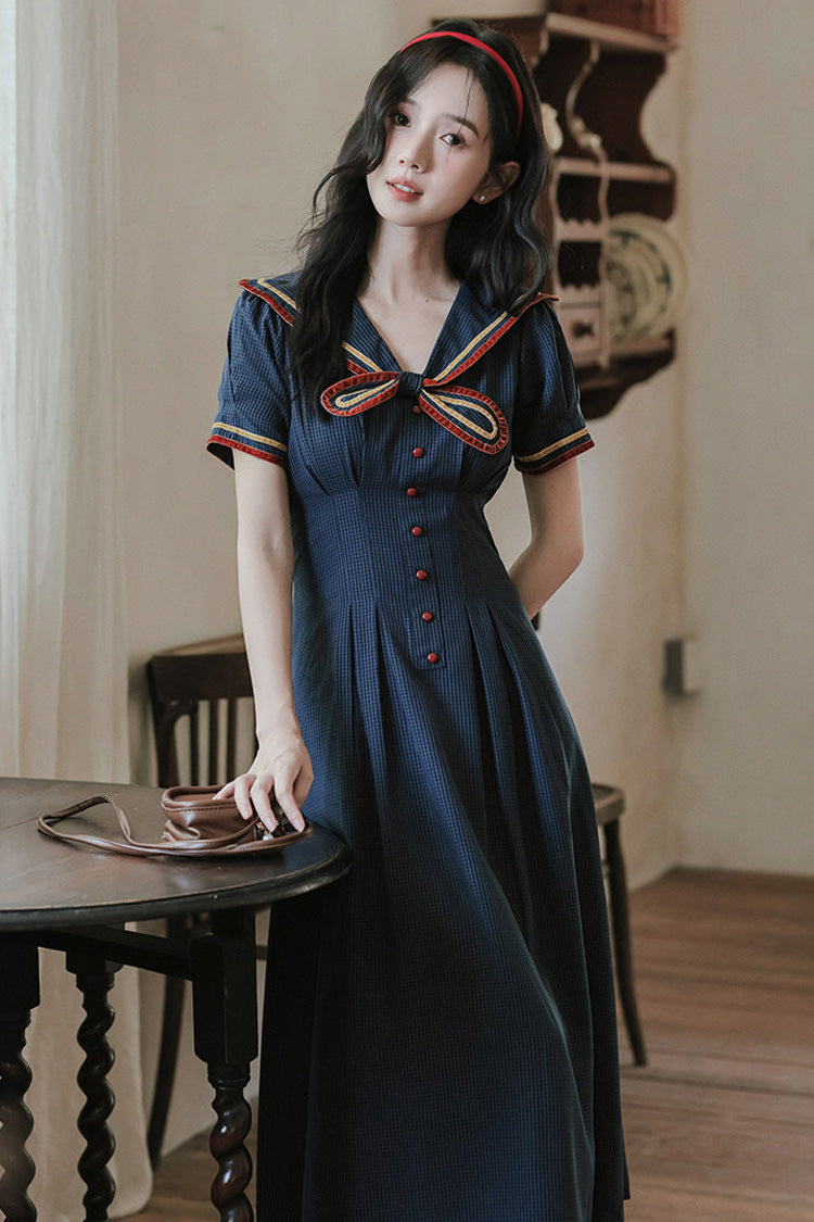 Dunkelblaues, marineblaues, kurzärmeliges, dezentes Muster mit Schleife, klassisches Lolita-Kleid im College-Stil