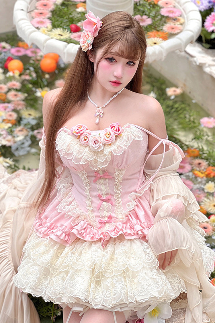 Pink [Pure Dream Flower Love] Multi-Layered Ruffle Embroidery Bowknot Lace Sweet Lolita Jsk Dress