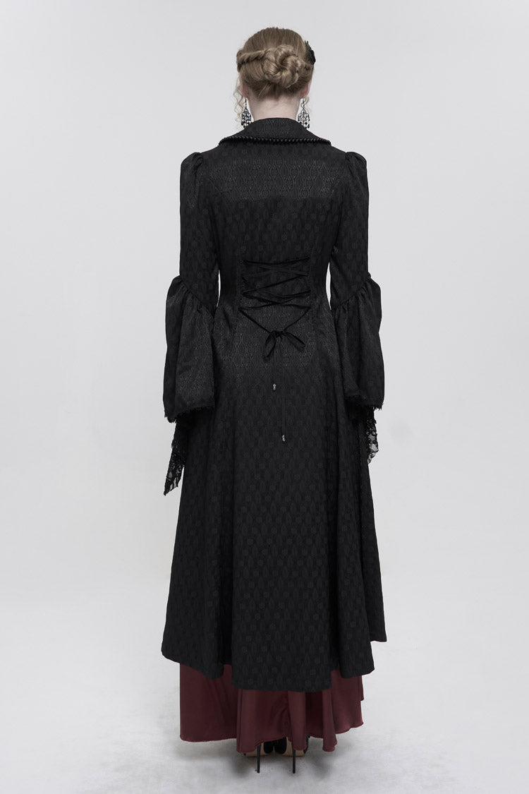 Black Jacquard Short Front Long Back Lapel Bead And Chain Trim Large Cuffs With Lace Trim Back Strap Thin Long Women's Gothic Coat