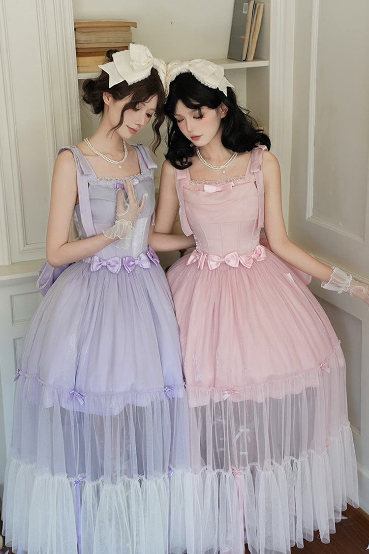 Robe Jsk Sweet Lolita sans manches avec nœud papillon et volants en os de poisson [Mer Mousseuse] rose 