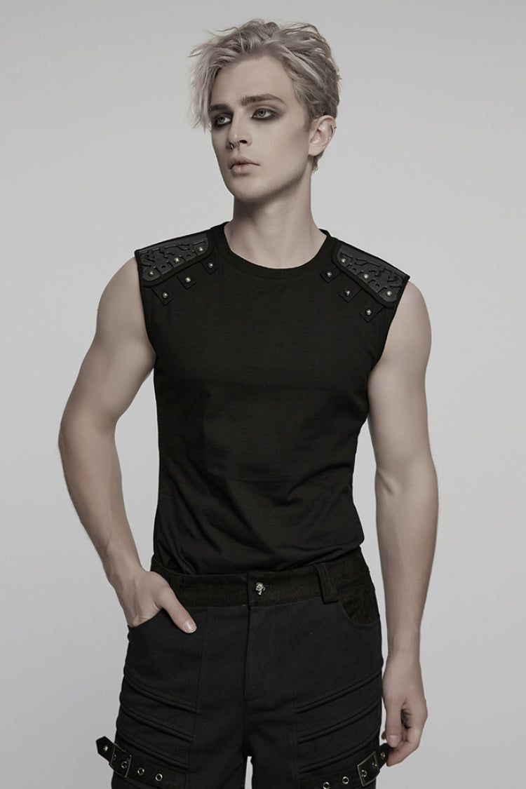 Black Round Collar Sleeveless Studded Stitching Shoulder Patched Men's Punk Vest