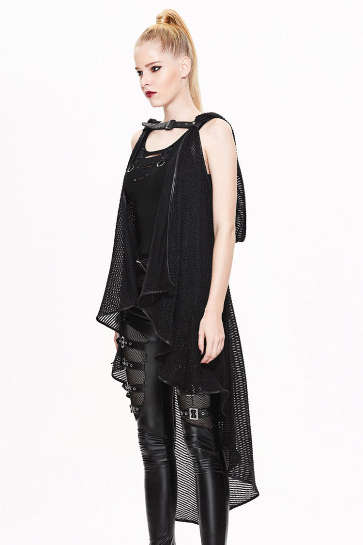 Black Sleeveless Irregular Fishing Net Long Style Hooded Womens Gothic Shawl Coat
