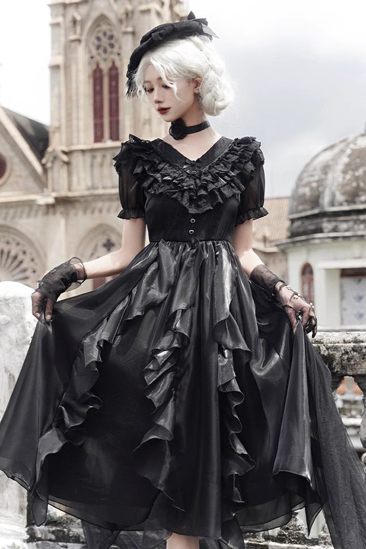 Black V-Neck Lace Cla Daily Short Puff Sleeves Gothic Lolita Dress
