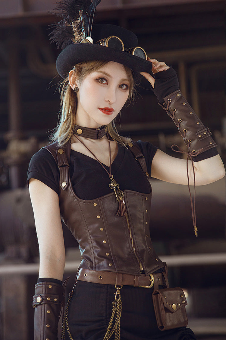 Brown Leather Rivets Corset Gothic Punk Waistcoats Vest