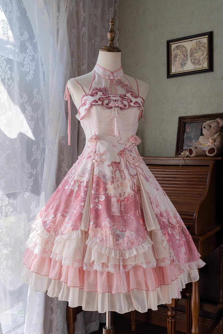 Pink [Flower Feast] Multi-Layered Print Ruffle Bowknot Sweet Chinese Style Lolita Jsk Dress