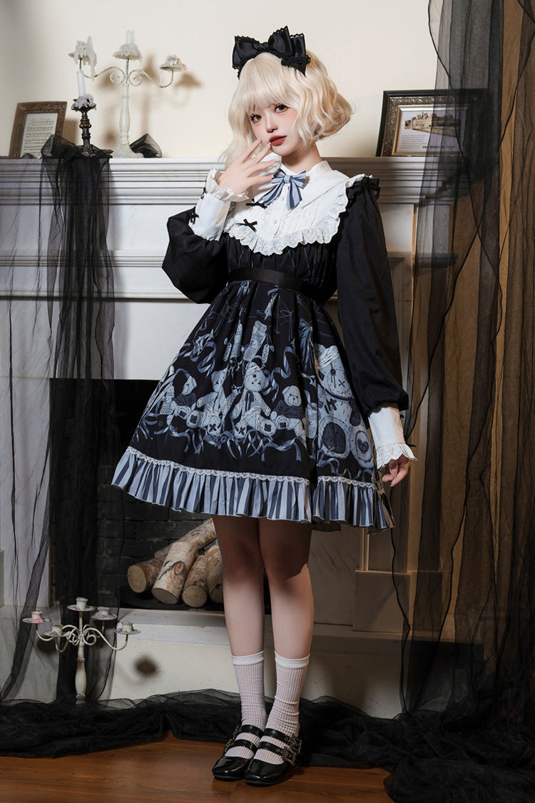 Black Bandage Bear Print Long Sleeves Ruffle Bowknot Lace Gothic Lolita Dress