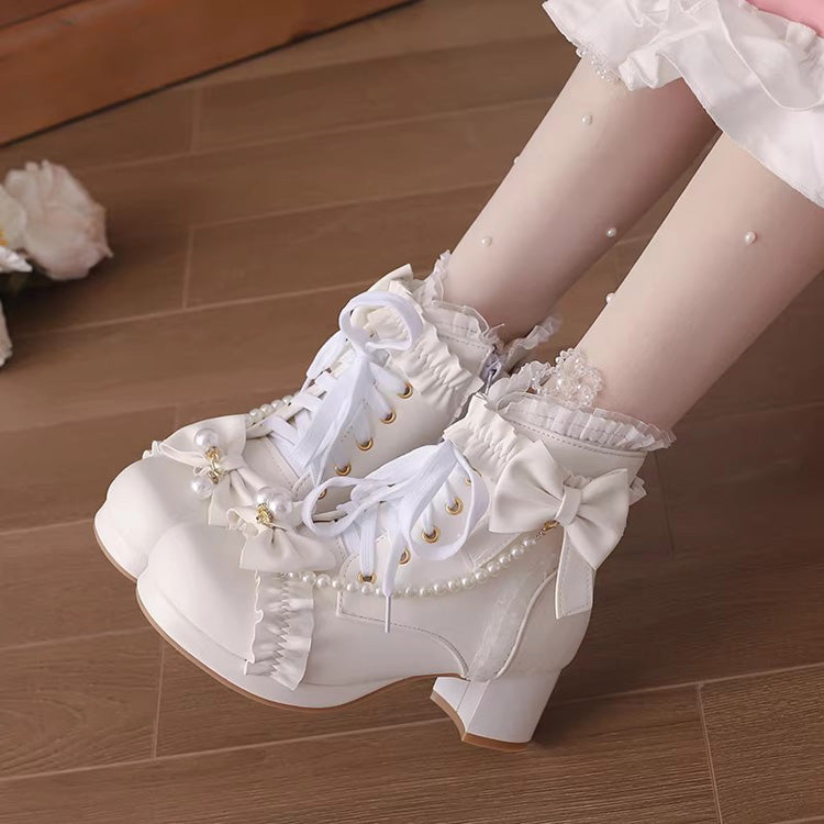 Sweet Ruffled Bow Pearl-Decorated Lolita Ankle Boots 3 Colors