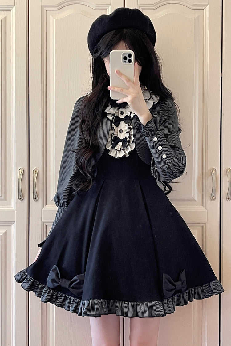 Black [Serenade] Long Sleeves Ruffle Bowknot Fake Two Pieces Classic Lolita Dress
