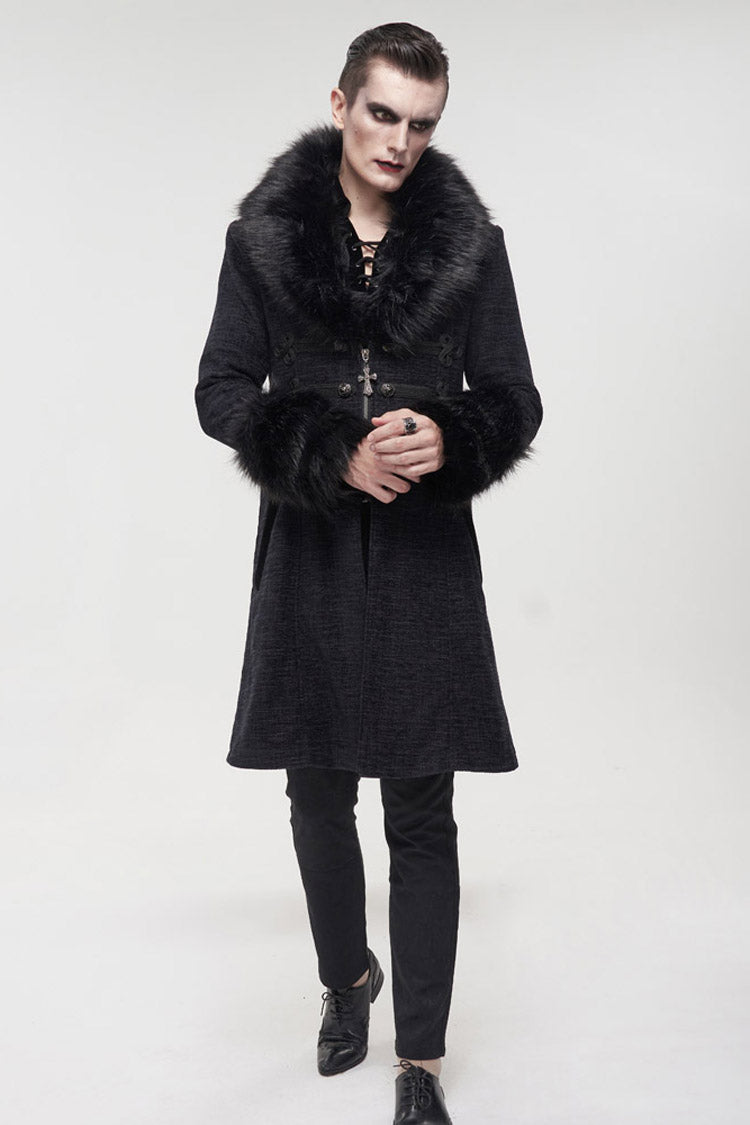 Black Gothic Vintage Button Decoration Removable Fur Collar Men's Coat