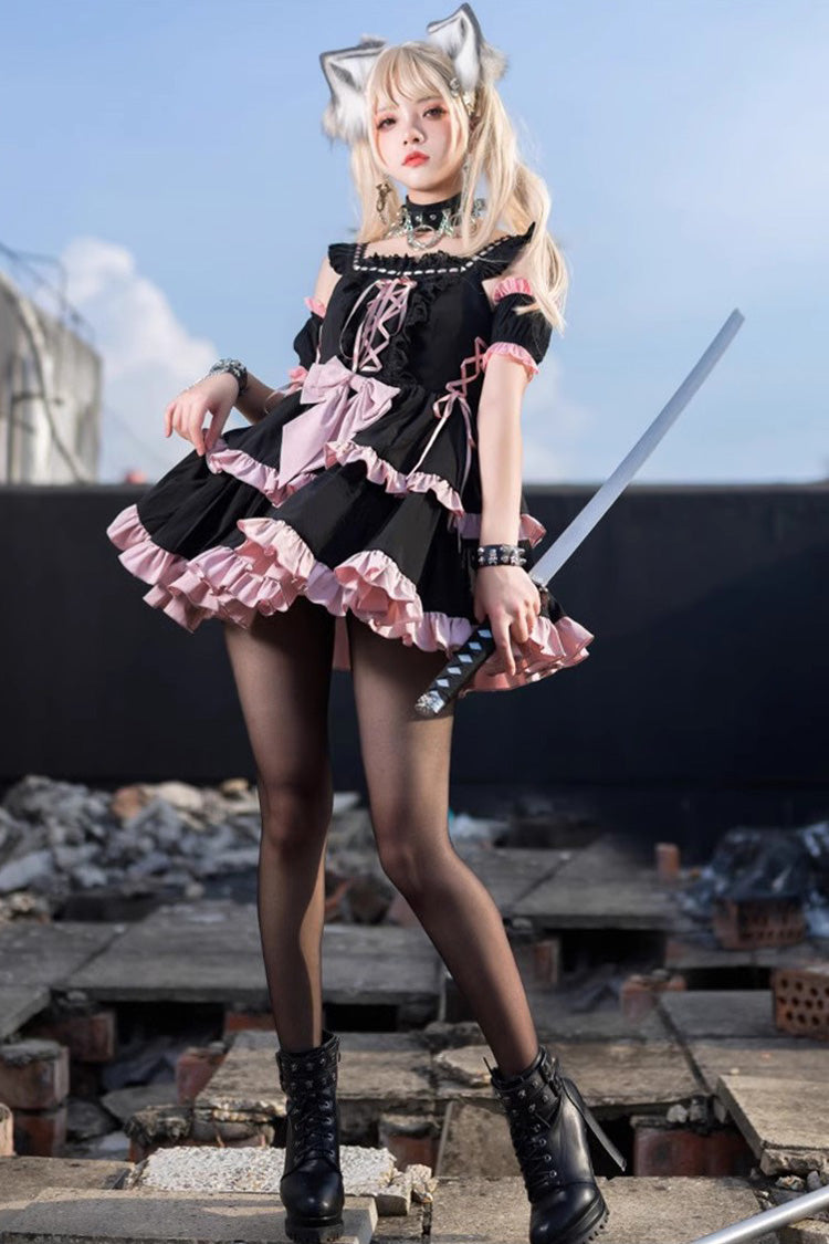 Black/Pink Sleeveless Multi-layer Ruffle Bowknot Sweet Hunt Lolita Jsk Dress