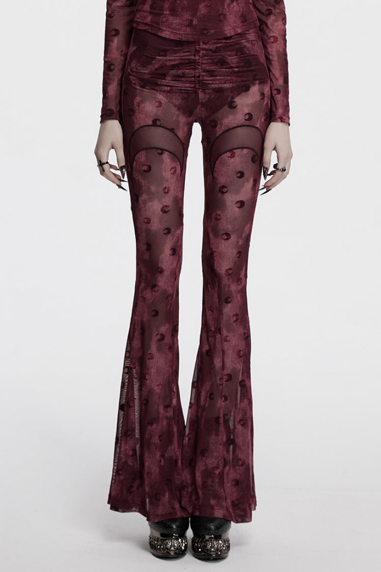 Rote Plissee-Damen-Gothic-Elegante Schnür-Mesh-Mond-Kordelzug-Samt-Schlaghose