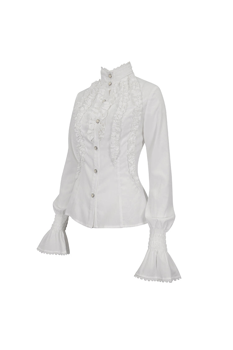 White Stand Collar Ruffled Women's Gothic Shirt