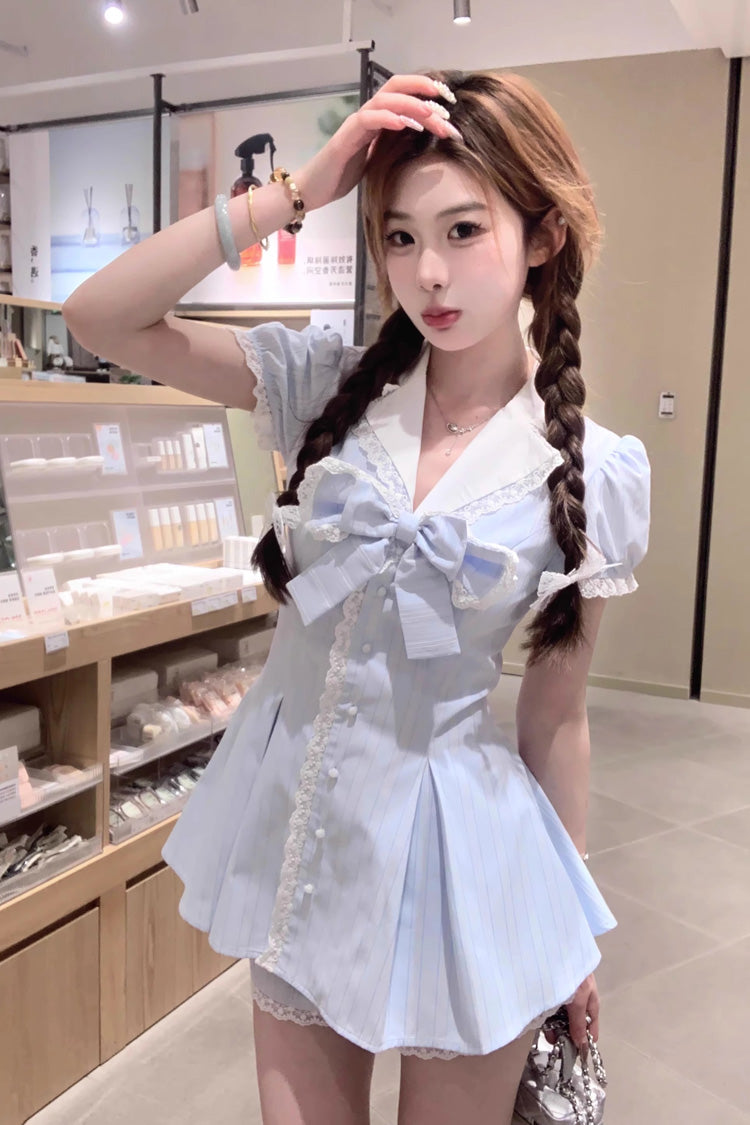 Aqua V Collar Short Puff Sleeves Stripe Print Ruffle Bowknot Sweet Jirai Kei Dress