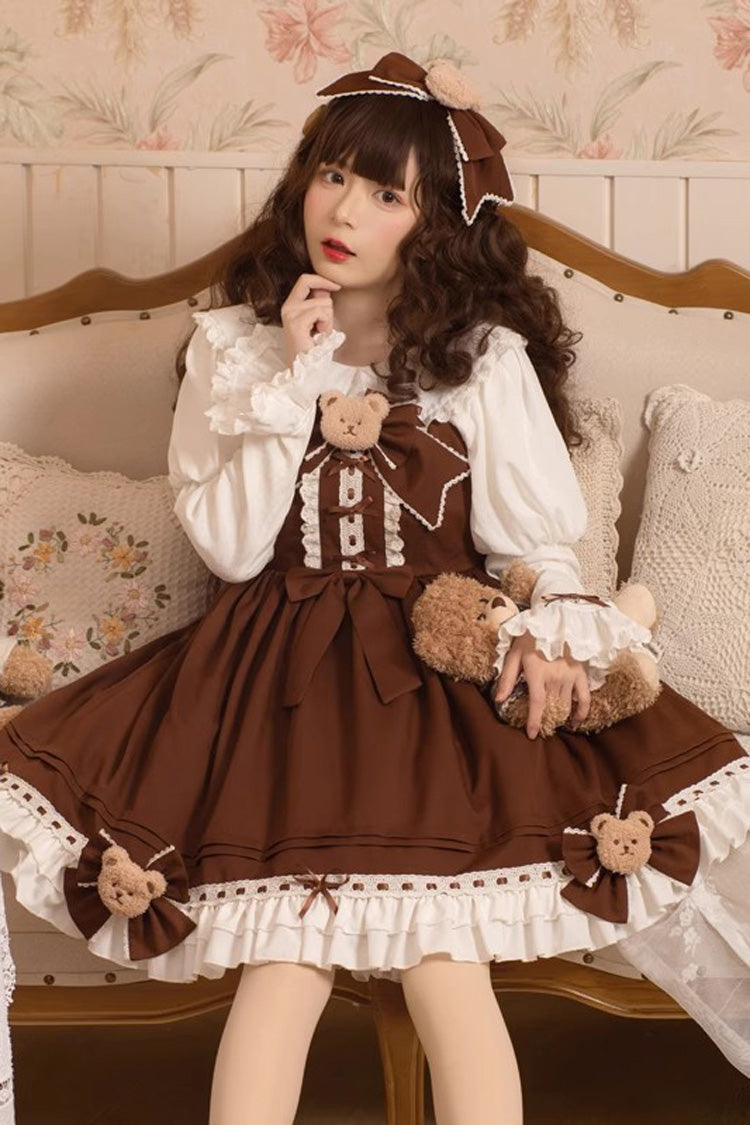 Brown [Mousse Bear] Sleeveless Ruffle Bowknot Sweet Vintage Princess Lolita Jsk Dress