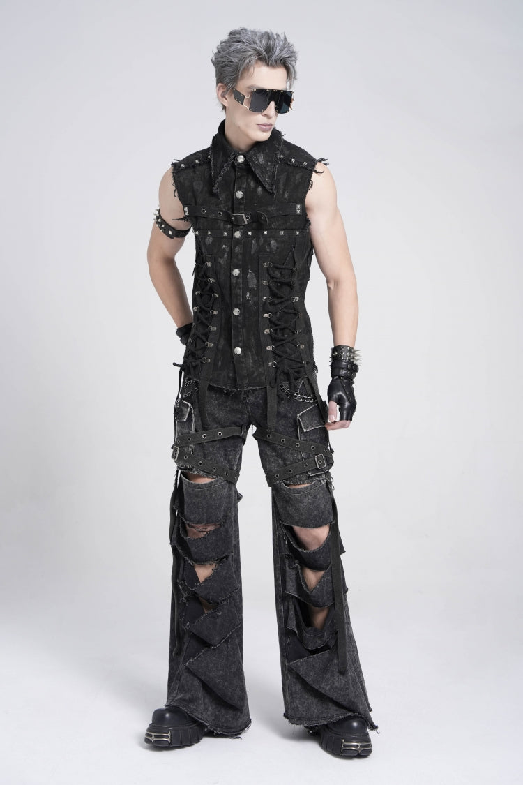 Black Ripped Chain-Decorated Men's Punk Cool Cosplay Pants with Big-pocket