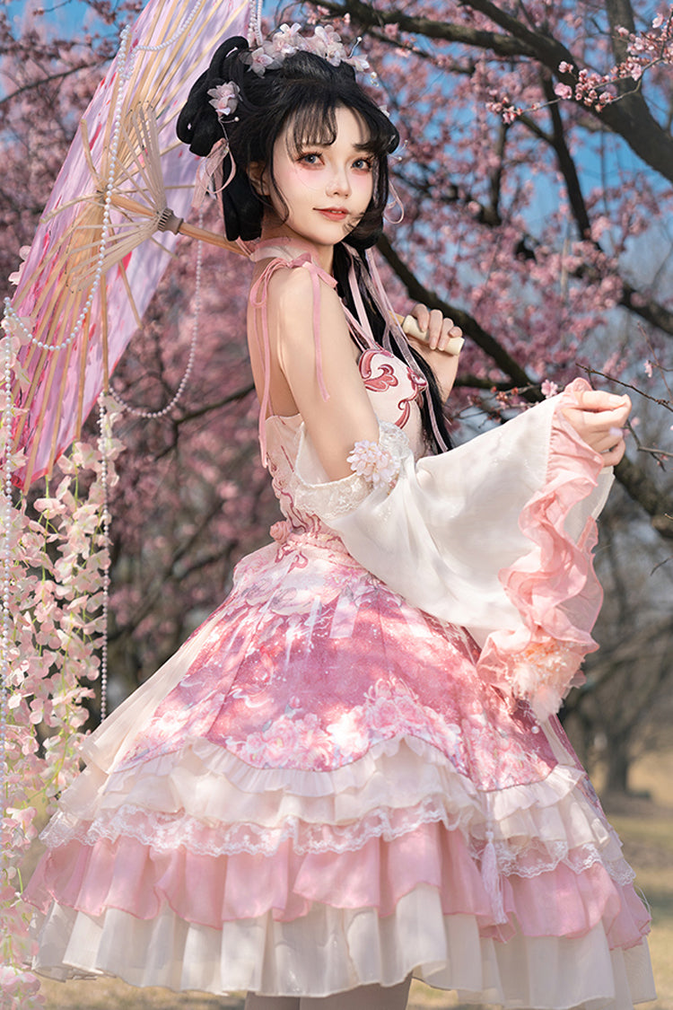 Pink [Flower Feast] Multi-Layered Print Ruffle Bowknot Sweet Chinese Style Lolita Jsk Dress